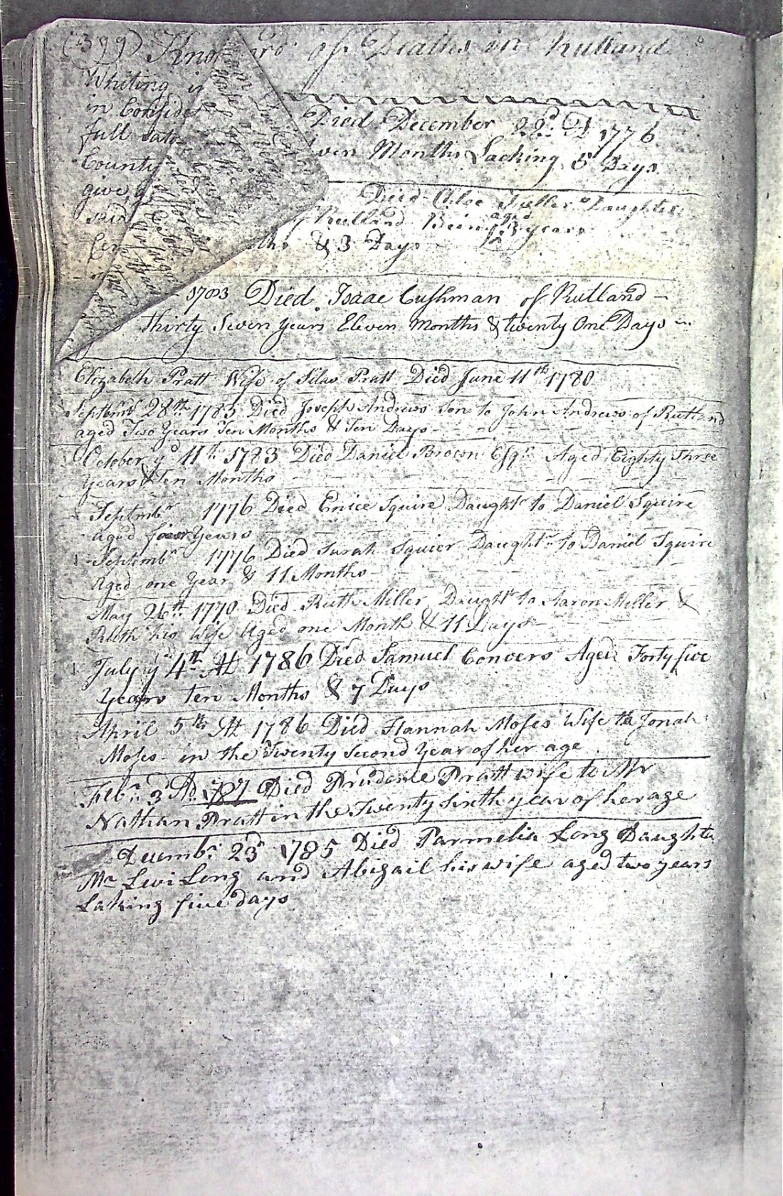 Deaths Rutland 1776 1785 mss. CUSHMAN PRATT ANDREWS BROWN SQUIRE SQUIER MILLER CONVERS MOSES LONG